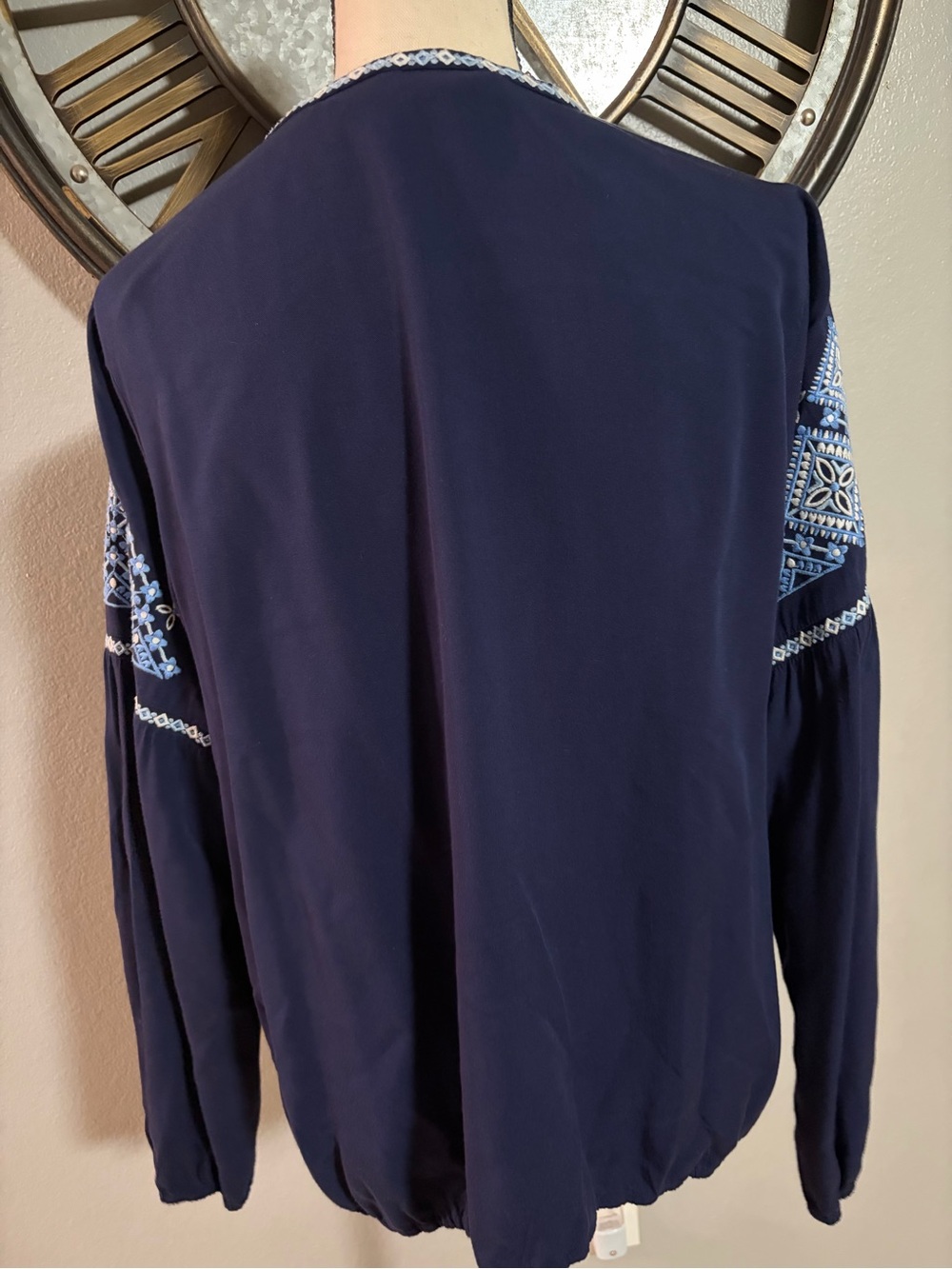 Southern Tide Embroidered Navy Peasant Blouse with Tassel Ties - Picture 4 of 9